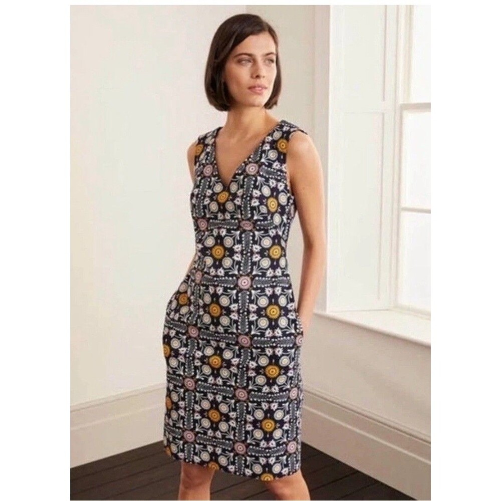 Boden Tatiana Textured Trellis Tile Floral Navy Blue Print Shift Dress Size 4R - Picture 5 of 12